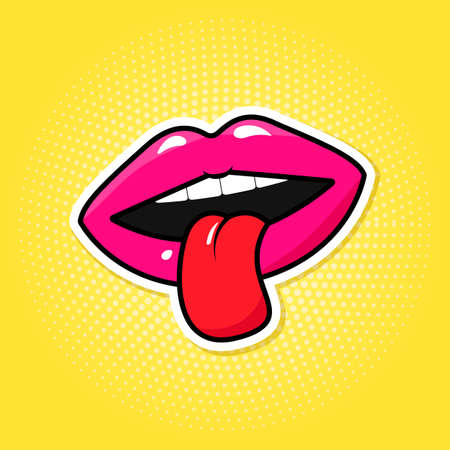 Colorful lips and tongue vector in pop art retro style.のイラスト素材
