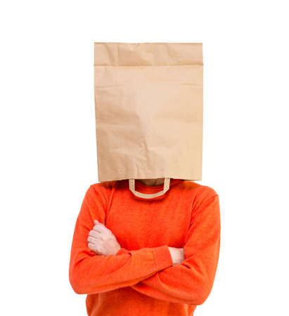 Man with craft paper bag on his head. Social Distancingの写真素材