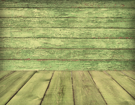 Old wooden room interior, green empty background with space for your text or designの写真素材