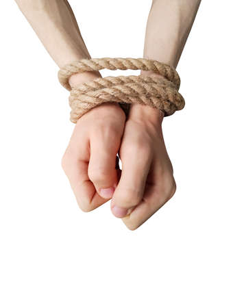 Teenagers hands tied with a rope isolated on white backgroundの写真素材