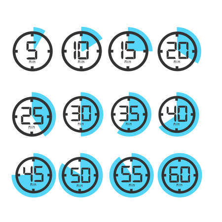 Stopwatch icons showing time. 5 - 60 minutes or seconds. Set of minimalist vector timers. Kitchen timer concept.のイラスト素材