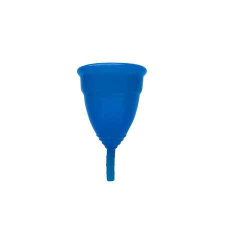 Blue menstrual cup on white background.の写真素材