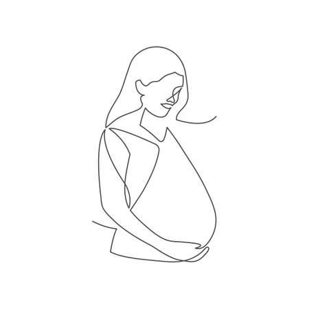 Continuous single drawn one line of pregnant woman silhouette. line art. future mother. vector illustrationのイラスト素材