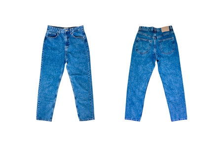 Denim jeans mom fit isolated on white background. Jeans with high waist. Front and back viewの写真素材