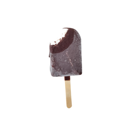 Chocolate ice cream on wooden stick. Tasty ice lolly isolated on white background.の写真素材