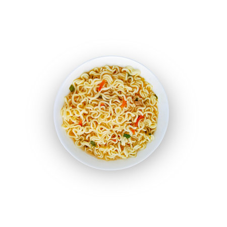 Plate with instant noodles isolated on white background. top view.の写真素材