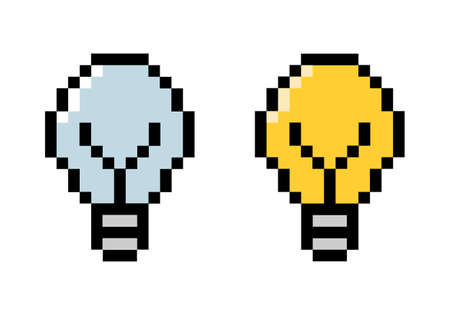 Pixel colored lamps vector. Pixel on and off bulbsのイラスト素材