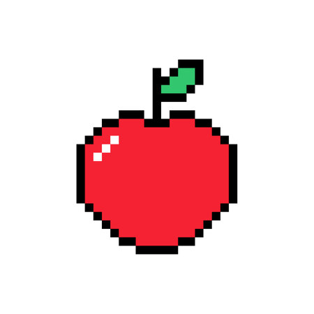 Apple pixel vector icon. Red fruit with green leafのイラスト素材