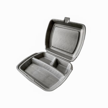 Open gray plastic disposable container with lid.の写真素材