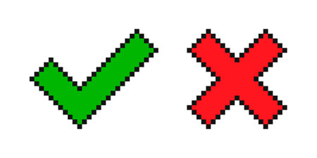 Pixel 8-bit check mark and cross. Tick and crossのイラスト素材