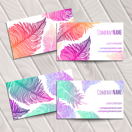 Business card with bright rainbow boho feathersのイラスト素材