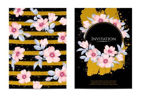 Wedding invitation with wild rose flowers. Vector illustration.のイラスト素材