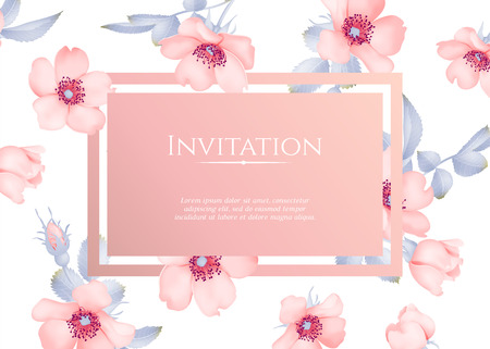 Wedding invitation with wild rose flowers. Vector illustration.のイラスト素材