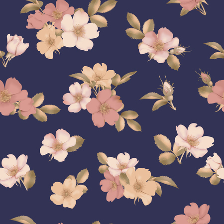Dog-rose blooms. pink wild rose vector seamless patternのイラスト素材