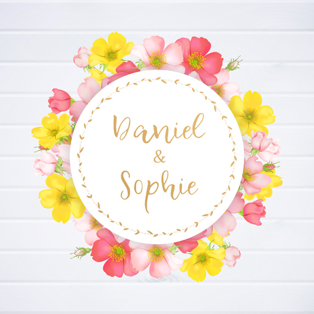 Wedding invitation with wild rose flowers.のイラスト素材