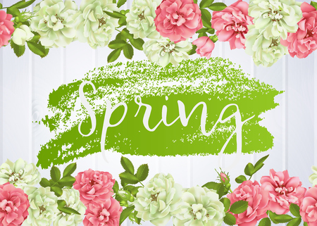 Realistic vector pink rose with spring lettering. 3d rosesのイラスト素材