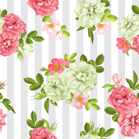 Realistic vector pink rose. 3d seamless roses background pattern.のイラスト素材
