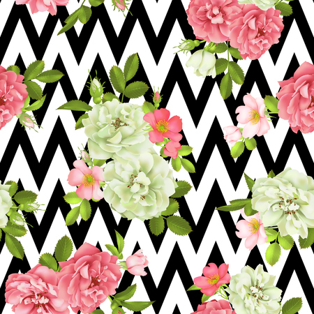 Realistic vector illustration of pink roses in 3d seamless pattern backgroundのイラスト素材