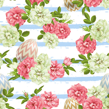 vector 3d Easter Egg and roses seamless backgroundのイラスト素材