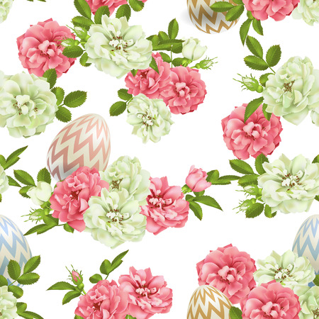 vector 3d Easter Egg and roses seamless backgroundのイラスト素材