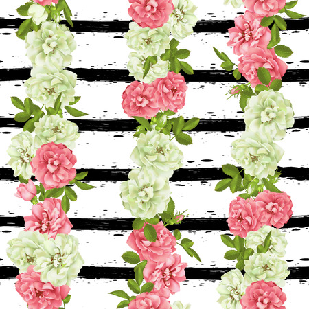 Realistic vector pink rose 3d seamless patterns with stripes backgroundのイラスト素材
