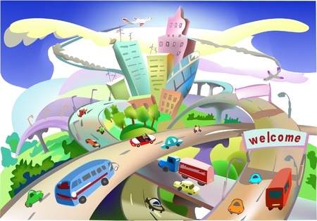 busy roads and city illustrationのイラスト素材