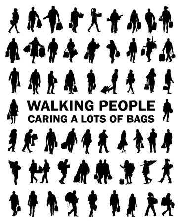 Silhouettes of people caring bags, luggage, shopping, presents, christmas tree のイラスト素材