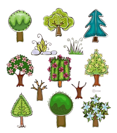 set of trees and grass elementsのイラスト素材
