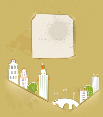 buildings, trees and ripped paper backgroundのイラスト素材
