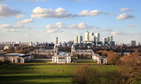 Greenwich park, Royal Navy college and Queen palace and Canary Wharf business international finance aria on the backgroundのeditorial素材