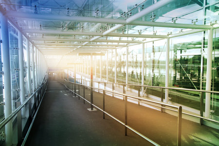 Glass tunnel, details of contemporary airport interiorのeditorial素材