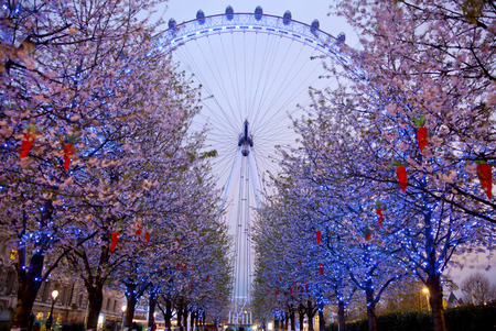 LONDON, UK - APRIL 5, 2014  London eye in the night and south bank of river Thames, famous London s walk and tourist destinationのeditorial素材