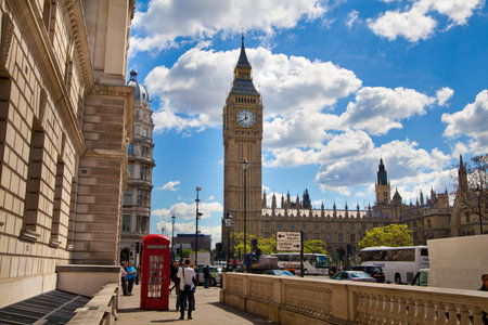 LONDON, UK - MAY 14, 2014  Big Ben, red telephone box and Houses of Parliament, London Westminster 