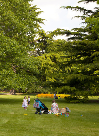 LONDON UK - MAY 15, 2014  Old English park south of London  Young mother and child resting on grassのeditorial素材