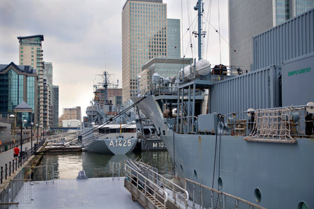 LONDON, UK - MAY 17, 2014  German army military ships based in Canary Wharf aria, to be open for public in educational content のeditorial素材
