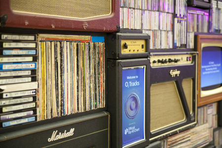 LONDON, UK - MAY 18, 2014  Decorative front panel, background made of old radio, TV, collection of dicks and video tapesのeditorial素材