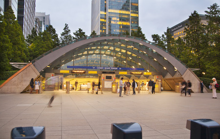 LONDON, UK - JUNE 14, 2014  Canary Wharf at dusk, Famous skyscrapers of London s financial district at twilight のeditorial素材