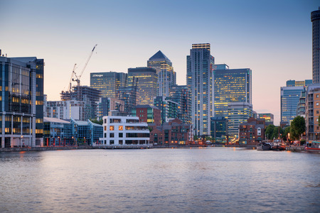 LONDON, UK - JULY 29 2014  Canary Wharf business district in duskのeditorial素材