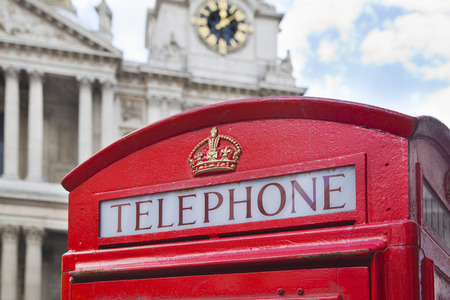 LONDON, UK - JULY 6, 2014   Red phone box and St  Paul s cathedralのeditorial素材