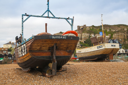 HASTINGS, UK - SEPTEMBER 27, 2014: Fish man boatsのeditorial素材