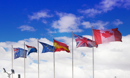 MADRID, SPAIN - July 22, 2014: International flags in Madrid city, business centreのeditorial素材