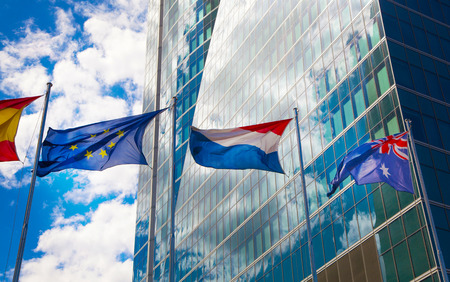 MADRID, SPAIN - July 22, 2014: International flags in Madrid city, business centreのeditorial素材