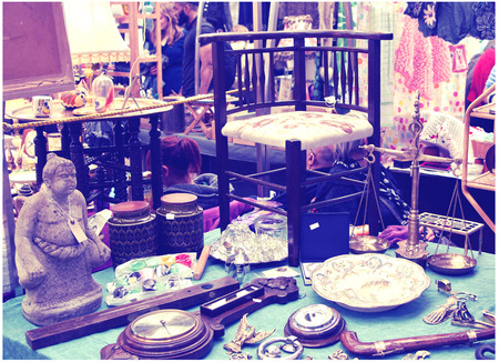 LONDON, UK - MAY 15, 2014: Antique display Greenwich market. Famous place to buy an art, crafts, antiques etc.のeditorial素材
