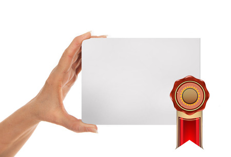 Hand holding paper background with label. Space for textの写真素材