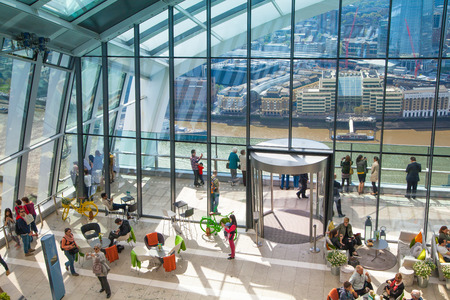 LONDON, UK - APRIL 22, 2015: Sky garden cafe and viewing platform with London panoramaのeditorial素材