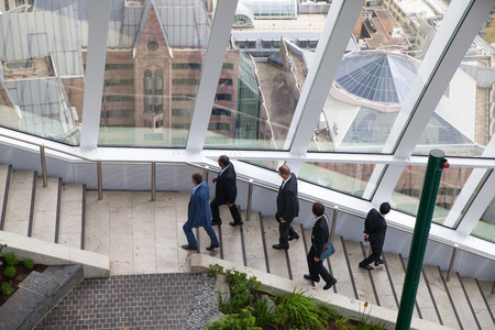 LONDON, UK - APRIL 22, 2015: Sky garden side stairs with walking business peopleのeditorial素材