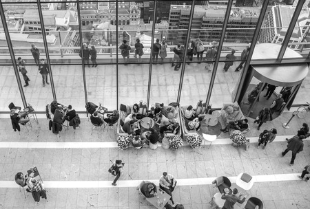 LONDON, UK - APRIL 22, 2015: People in sky cafe resting and enjoying the London panorama from 32 floor of Walkie-Talkie buildingのeditorial素材