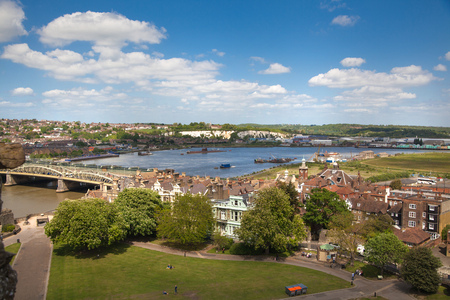 ROCHESTER, UK - MAY 16, 2015: Landscape around of Rochester city include river Kent and yacht club with lots of speed boats and yachtsのeditorial素材