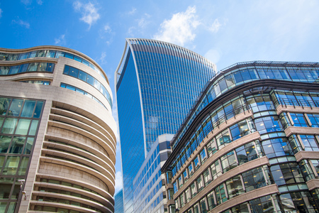 LONDON, UK - APRIL 22, 2015: City of London skyscrapers view. Walkie Talkie building against of blue skyのeditorial素材