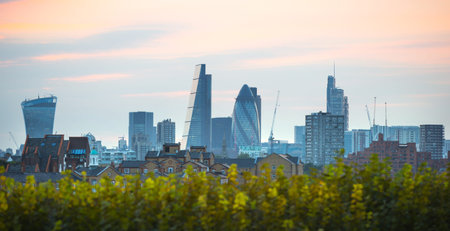 City of London business and banking aria at sunset. Panoramic view